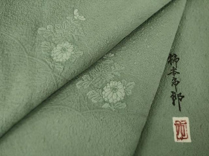 平和屋着物●本加賀友禅作家　柿本市郎　小紋　芝花文　山鳩色　正絹　逸品　AABK0127ck