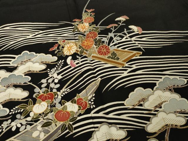 平和屋着物●豪華黒留袖　作家物　駒刺繍　流水花文　船　金彩　正絹　逸品　AABK0129ck