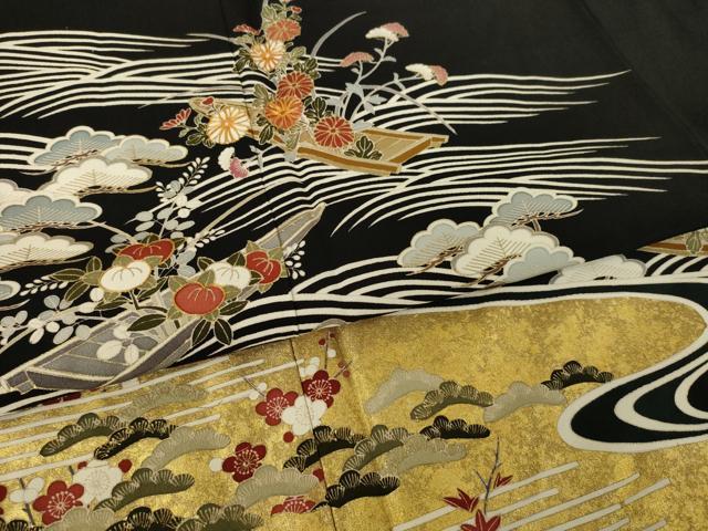 平和屋着物●豪華黒留袖　作家物　駒刺繍　流水花文　船　金彩　正絹　逸品　AABK0129ck