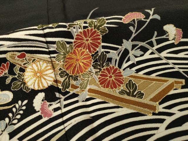 平和屋着物●豪華黒留袖　作家物　駒刺繍　流水花文　船　金彩　正絹　逸品　AABK0129ck
