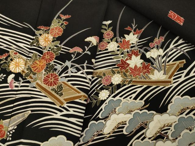 平和屋着物●豪華黒留袖　作家物　駒刺繍　流水花文　船　金彩　正絹　逸品　AABK0129ck