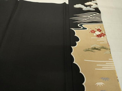 平和屋着物●豪華黒留袖　作家物　駒刺繍　流水花文　船　金彩　正絹　逸品　AABK0129ck