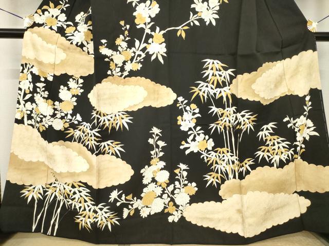 平和屋着物●訪問着　雲重ね花文　黒地　金彩　正絹　逸品　AABK0138ck