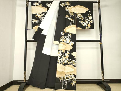 平和屋着物●訪問着　雲重ね花文　黒地　金彩　正絹　逸品　AABK0138ck