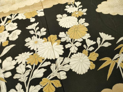 平和屋着物●訪問着　雲重ね花文　黒地　金彩　正絹　逸品　AABK0138ck