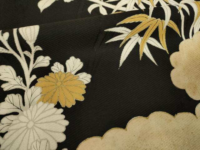 平和屋着物●訪問着　雲重ね花文　黒地　金彩　正絹　逸品　AABK0138ck
