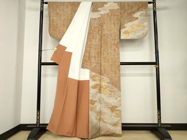平和屋着物●訪問着　紬地　流水文　金彩　正絹　逸品　AABK0149ck