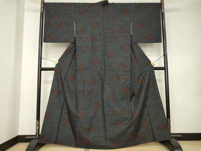 平和屋着物●本場大島紬　幾何学花文　正絹　逸品　AABK0150ck