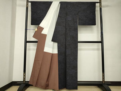 平和屋着物●結城紬　80亀甲　風景文　正絹　逸品　AABK0152ck