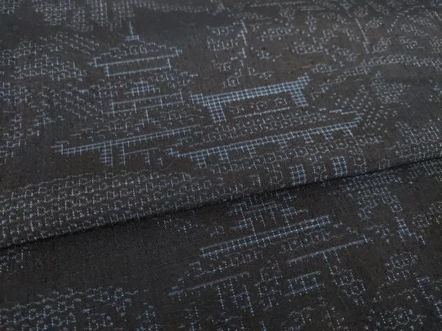 平和屋着物●結城紬　80亀甲　風景文　正絹　逸品　AABK0152ck