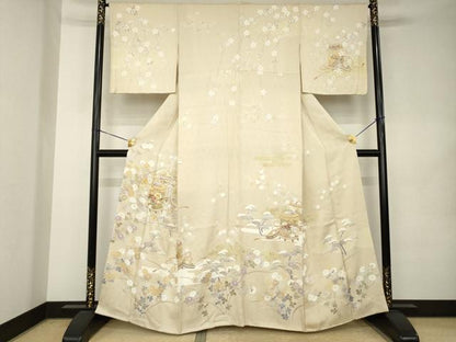 平和屋着物●訪問着　駒刺繍　貝桶花文　正絹　逸品　AABK0157ck
