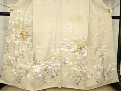 平和屋着物●訪問着　駒刺繍　貝桶花文　正絹　逸品　AABK0157ck