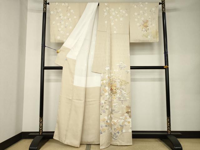 平和屋着物●訪問着　駒刺繍　貝桶花文　正絹　逸品　AABK0157ck