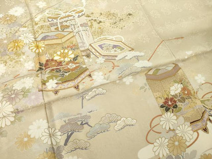 平和屋着物●訪問着　駒刺繍　貝桶花文　正絹　逸品　AABK0157ck
