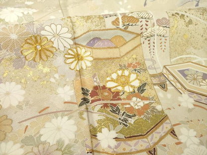 平和屋着物●訪問着　駒刺繍　貝桶花文　正絹　逸品　AABK0157ck