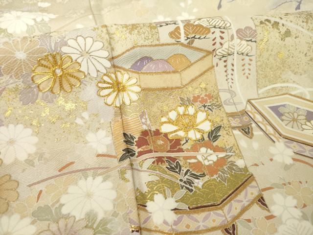 平和屋着物●訪問着　駒刺繍　貝桶花文　正絹　逸品　AABK0157ck