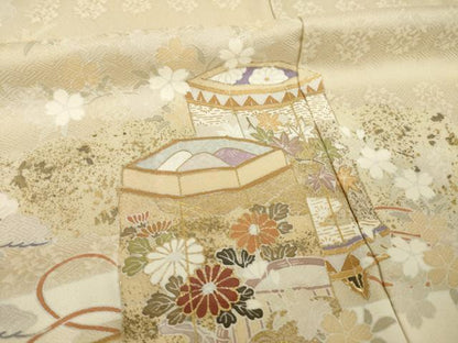 平和屋着物●訪問着　駒刺繍　貝桶花文　正絹　逸品　AABK0157ck