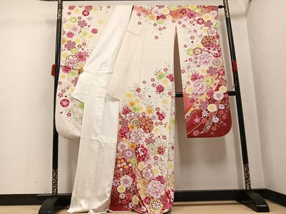 平和屋着物●豪華振袖　刺繍　花尽くし　暈し染め　金銀彩　銀通し地　正絹　逸品　AABK0166ph
