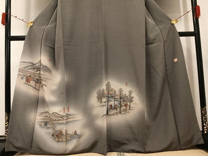 平和屋着物●摺友禅　横塚賢治　訪問着　刺繍　人物風景文　暈し染め　金糸　正絹　逸品　AABK0168ph