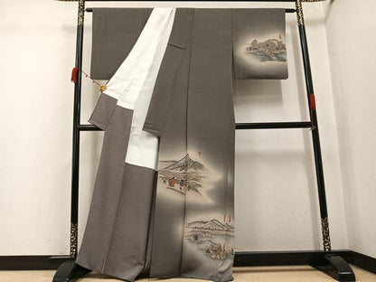 平和屋着物●摺友禅　横塚賢治　訪問着　刺繍　人物風景文　暈し染め　金糸　正絹　逸品　AABK0168ph