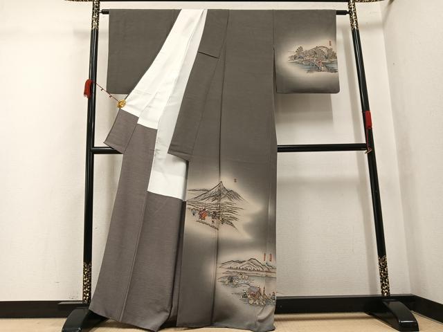 平和屋着物●摺友禅　横塚賢治　訪問着　刺繍　人物風景文　暈し染め　金糸　正絹　逸品　AABK0168ph