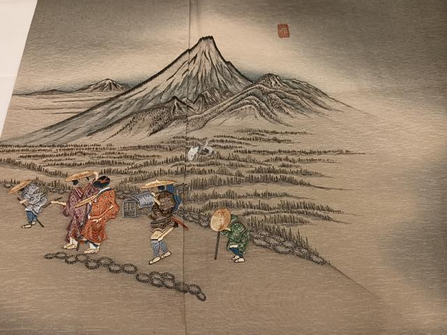 平和屋着物●摺友禅　横塚賢治　訪問着　刺繍　人物風景文　暈し染め　金糸　正絹　逸品　AABK0168ph