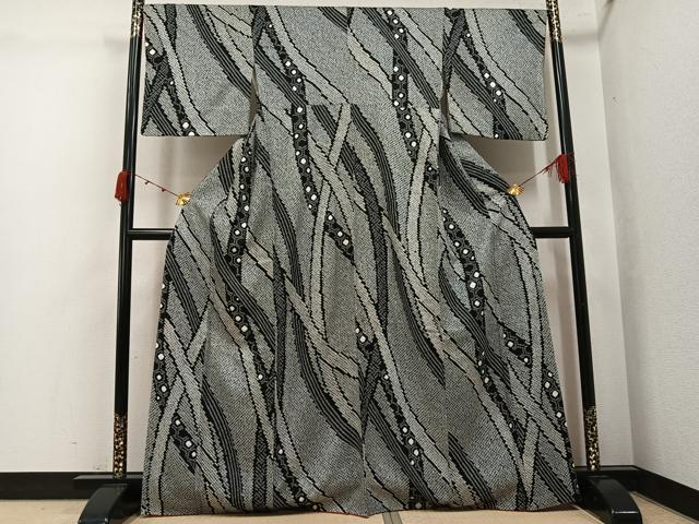 平和屋着物●上質な小紋　総絞り　流水亀甲文　黒地　正絹　逸品　AABK0172ph