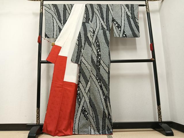 平和屋着物●上質な小紋　総絞り　流水亀甲文　黒地　正絹　逸品　AABK0172ph