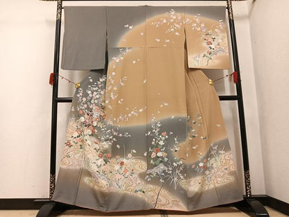 平和屋着物●訪問着　友禅　鴛鴦貝桶草花文　暈し染め　金彩　正絹　逸品　AABK0173ph