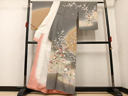 平和屋着物●訪問着　友禅　鴛鴦貝桶草花文　暈し染め　金彩　正絹　逸品　AABK0173ph