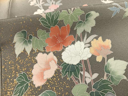 平和屋着物●訪問着　友禅　鴛鴦貝桶草花文　暈し染め　金彩　正絹　逸品　AABK0173ph