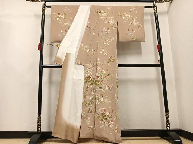 平和屋着物●訪問着　流水花蝶文　金彩　鬼しぼ縮緬　正絹　逸品　AABK0175ph