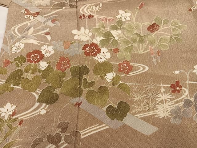 平和屋着物●訪問着　流水花蝶文　金彩　鬼しぼ縮緬　正絹　逸品　AABK0175ph