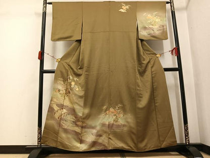 平和屋着物●訪問着　渡橋流水草花文　暈し染め　金彩　正絹　逸品　AABK0179ph