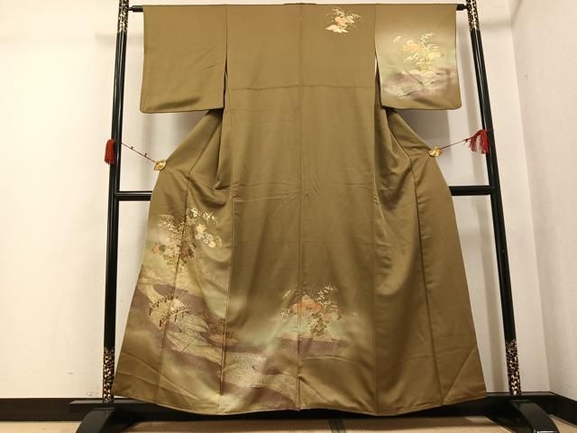 平和屋着物●訪問着　渡橋流水草花文　暈し染め　金彩　正絹　逸品　AABK0179ph