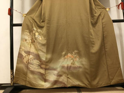 平和屋着物●訪問着　渡橋流水草花文　暈し染め　金彩　正絹　逸品　AABK0179ph