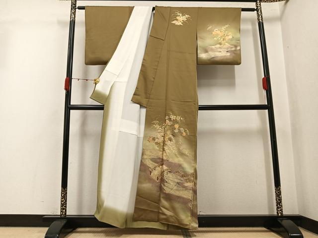 平和屋着物●訪問着　渡橋流水草花文　暈し染め　金彩　正絹　逸品　AABK0179ph