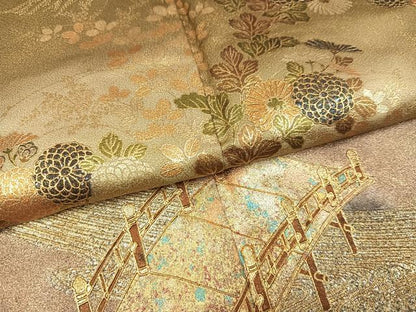 平和屋着物●訪問着　渡橋流水草花文　暈し染め　金彩　正絹　逸品　AABK0179ph