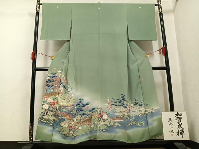 平和屋着物●本加賀友禅作家　奥原一就　色留袖　渡橋風景鴛鴦草花文　暈し染め　色紙付き　正絹　逸品　AABK0188ph
