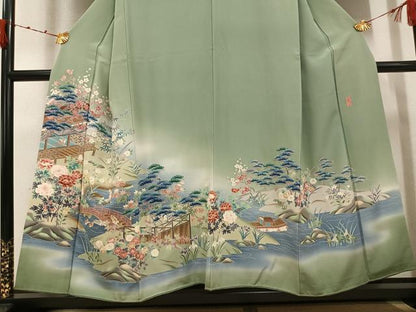 平和屋着物●本加賀友禅作家　奥原一就　色留袖　渡橋風景鴛鴦草花文　暈し染め　色紙付き　正絹　逸品　AABK0188ph