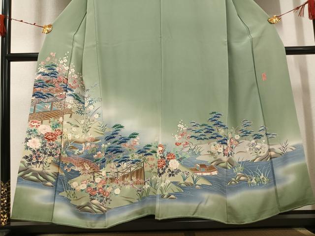 平和屋着物●本加賀友禅作家　奥原一就　色留袖　渡橋風景鴛鴦草花文　暈し染め　色紙付き　正絹　逸品　AABK0188ph