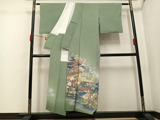 平和屋着物●本加賀友禅作家　奥原一就　色留袖　渡橋風景鴛鴦草花文　暈し染め　色紙付き　正絹　逸品　AABK0188ph