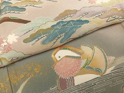 平和屋着物●豪華色留袖　友禅　作家物　駒刺繍　鴛鴦草木文　金彩　正絹　逸品　AABK0192ph