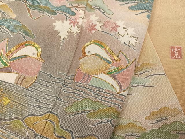 平和屋着物●豪華色留袖　友禅　作家物　駒刺繍　鴛鴦草木文　金彩　正絹　逸品　AABK0192ph