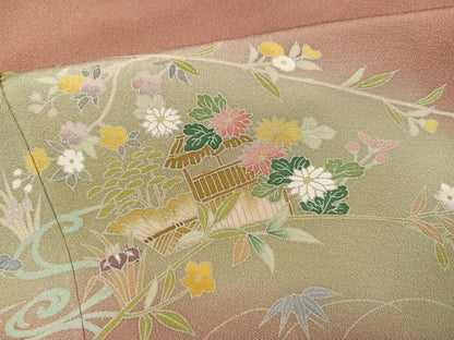 平和屋着物●訪問着　友禅　作家物　草花文　暈し染め　正絹　逸品　AABK0204ph