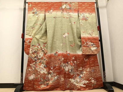 平和屋着物●豪華振袖　駒刺繍　花筏舞蝶文　暈し染め　金彩　正絹　逸品　AABK0205ph
