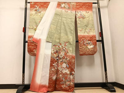 平和屋着物●豪華振袖　駒刺繍　花筏舞蝶文　暈し染め　金彩　正絹　逸品　AABK0205ph