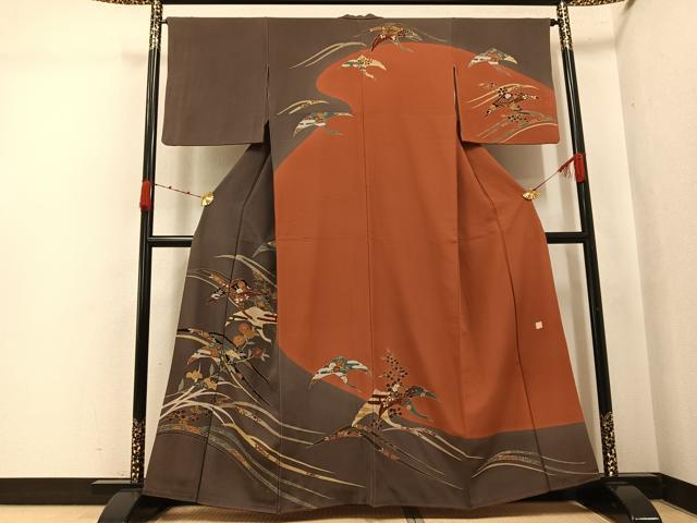 平和屋着物●訪問着　作家物　群れ鶴草花文　金彩　　正絹　逸品　AABK0206ph