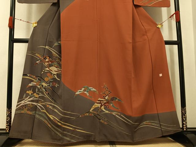 平和屋着物●訪問着　作家物　群れ鶴草花文　金彩　　正絹　逸品　AABK0206ph