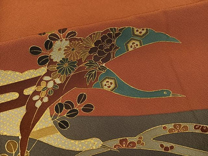 平和屋着物●訪問着　作家物　群れ鶴草花文　金彩　　正絹　逸品　AABK0206ph